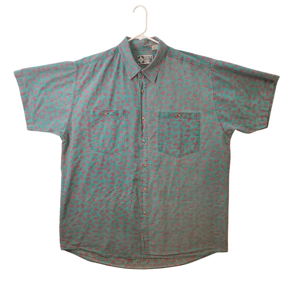 Double Impact Mens 2XLT Teal Pink Paisley Cotton Short Sleeve Button Up Shirt